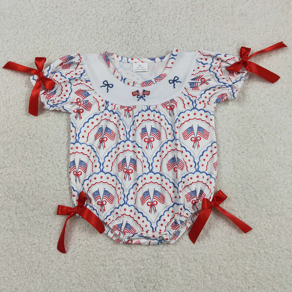 Baby Girls Rompers Embroidery Bows Flags Checked 4th of July Ruffle Rompers SR3887