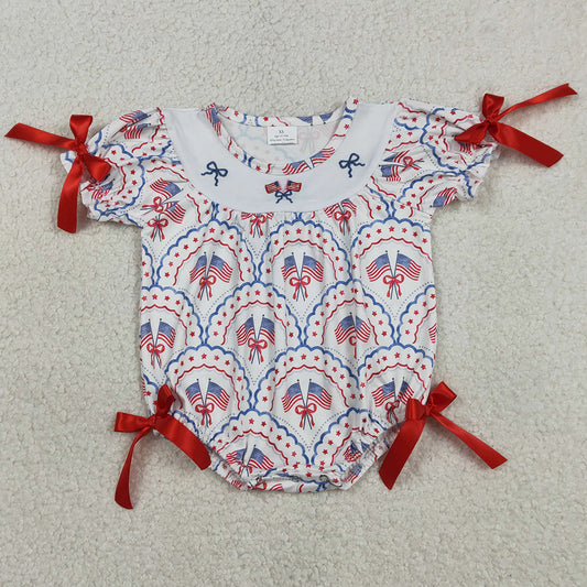 Baby Girls Rompers Embroidery Bows Flags Checked 4th of July Ruffle Rompers SR3887