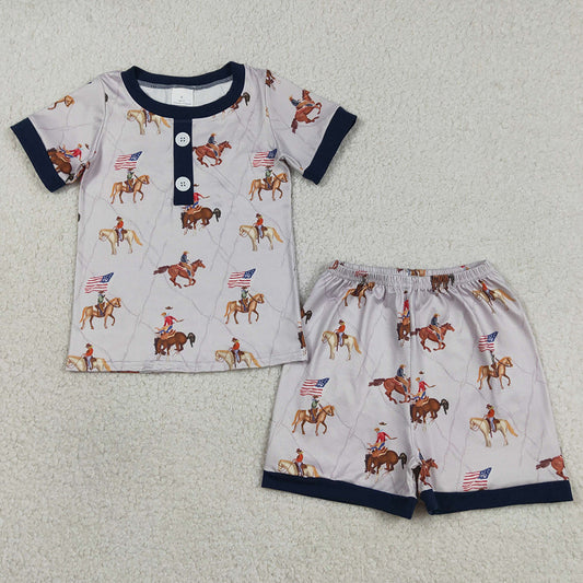 Baby Boys Clothes Horse Rodeos Flags Button Top Short 4th Of July Pajamas Set BSSO1497