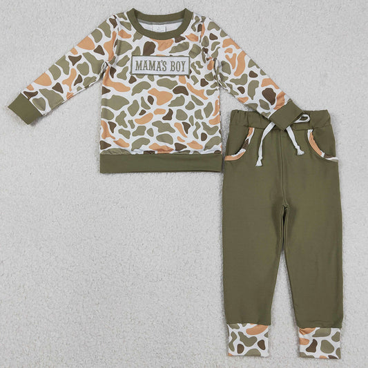 Baby Boys Clothes Embroidery Mama's Boy Orange Camo Top Pockets Jogger Pants Clothes Sets BLP1339 11.21