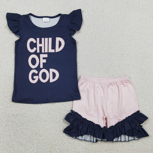 Baby Girls Clothes Flutter Sleeve Child of God Top Ruffle Shorts Clothes Sets GSSO2933
