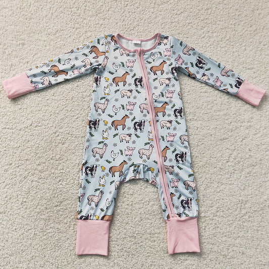 Baby Girls Rompers Long Sleeves Horses Chicks Farm Zip Convertible Rompers LR2401