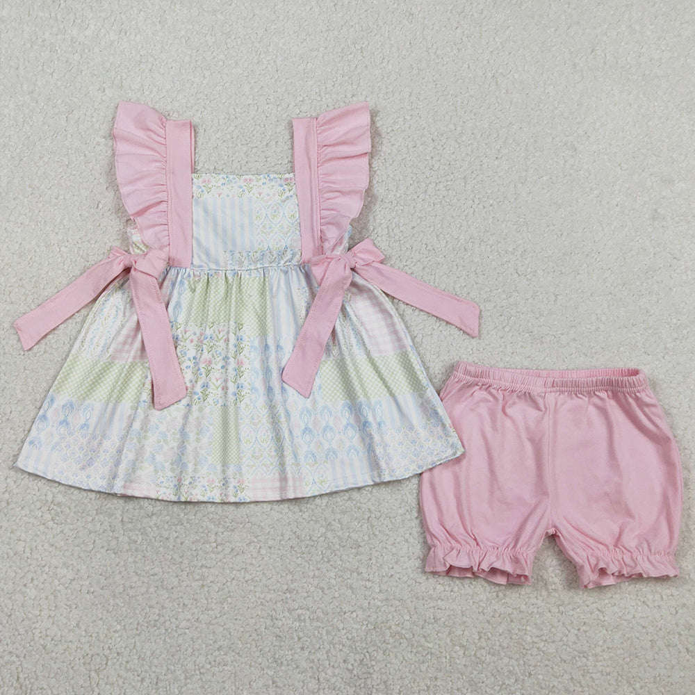 Baby Girls Clothes Bows Flowers Checked Tunic Ruffle Shorts Clothes Sets GSSO2951