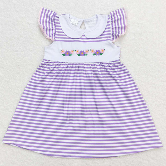Baby Girls Dress Purple Stripes Flowers Flutter Sleeve Knee Length Dresses GSD0836