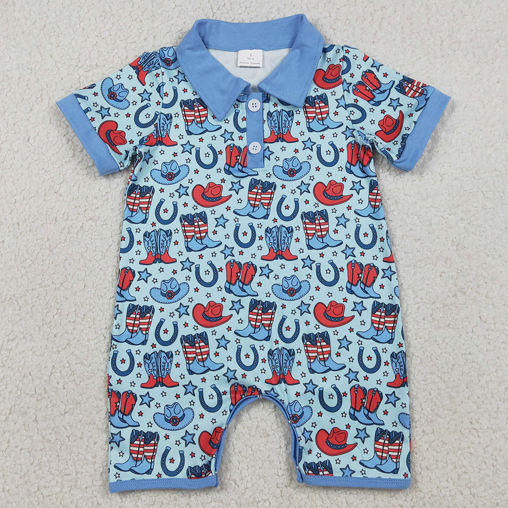 Baby Boys Rompers Short Sleeve Star Hat Boots 4th of July Western Button Rompers SR3884