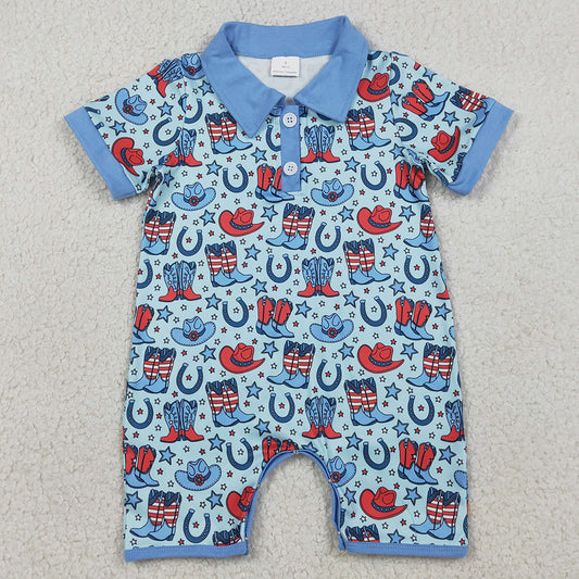 Baby Boys Rompers Short Sleeve Star Hat Boots 4th of July Western Button Rompers SR3884