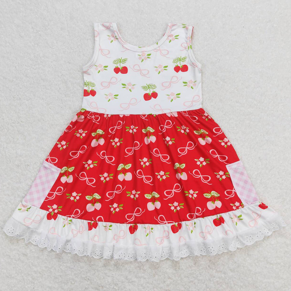 Baby Girls Dress Sleeveless Red Bows Lace Ruffle Knee Length Dresses GSD0889