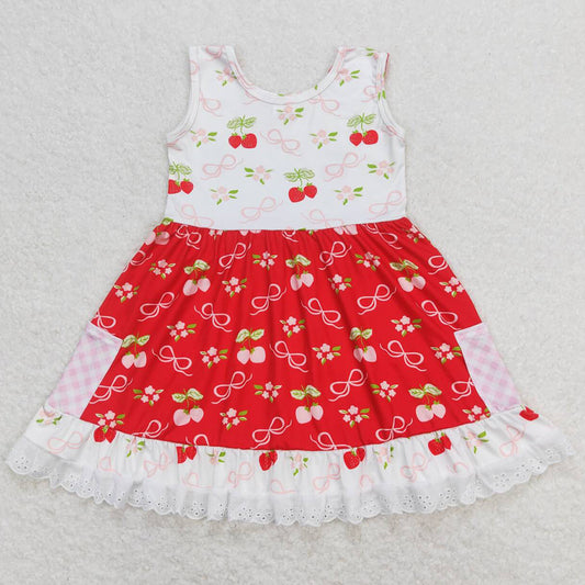 Baby Girls Dress Sleeveless Red Bows Lace Ruffle Knee Length Dresses GSD0889