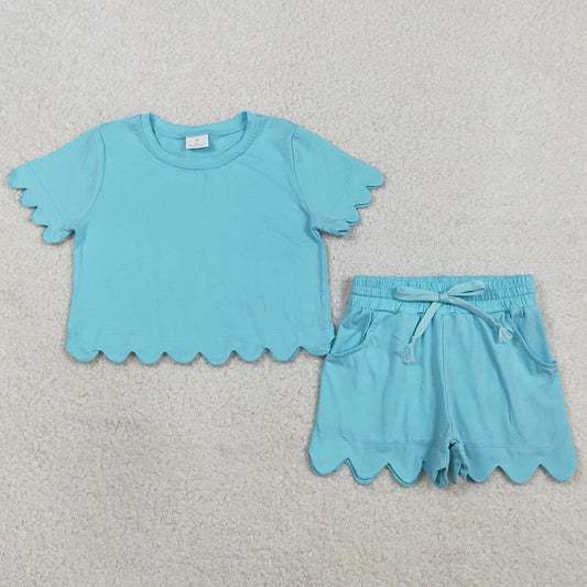 Baby Girls Clothes Short Sleeve Blue Shirts Top Scallop Shorts Clothes Sets GSSO3180