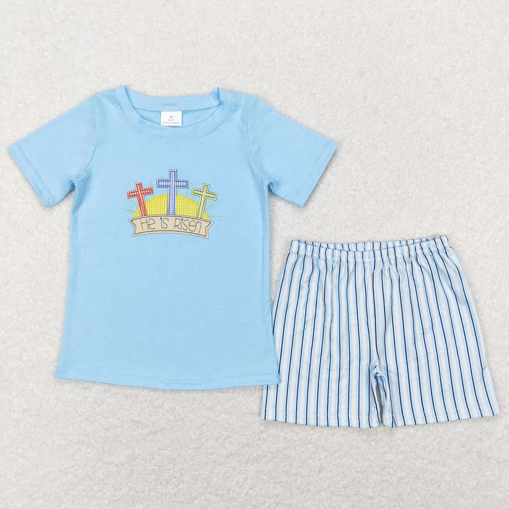 Baby Boys Clothes Easter He Is Risen Cross Short Sleeve Top Short Sets BSSO0356