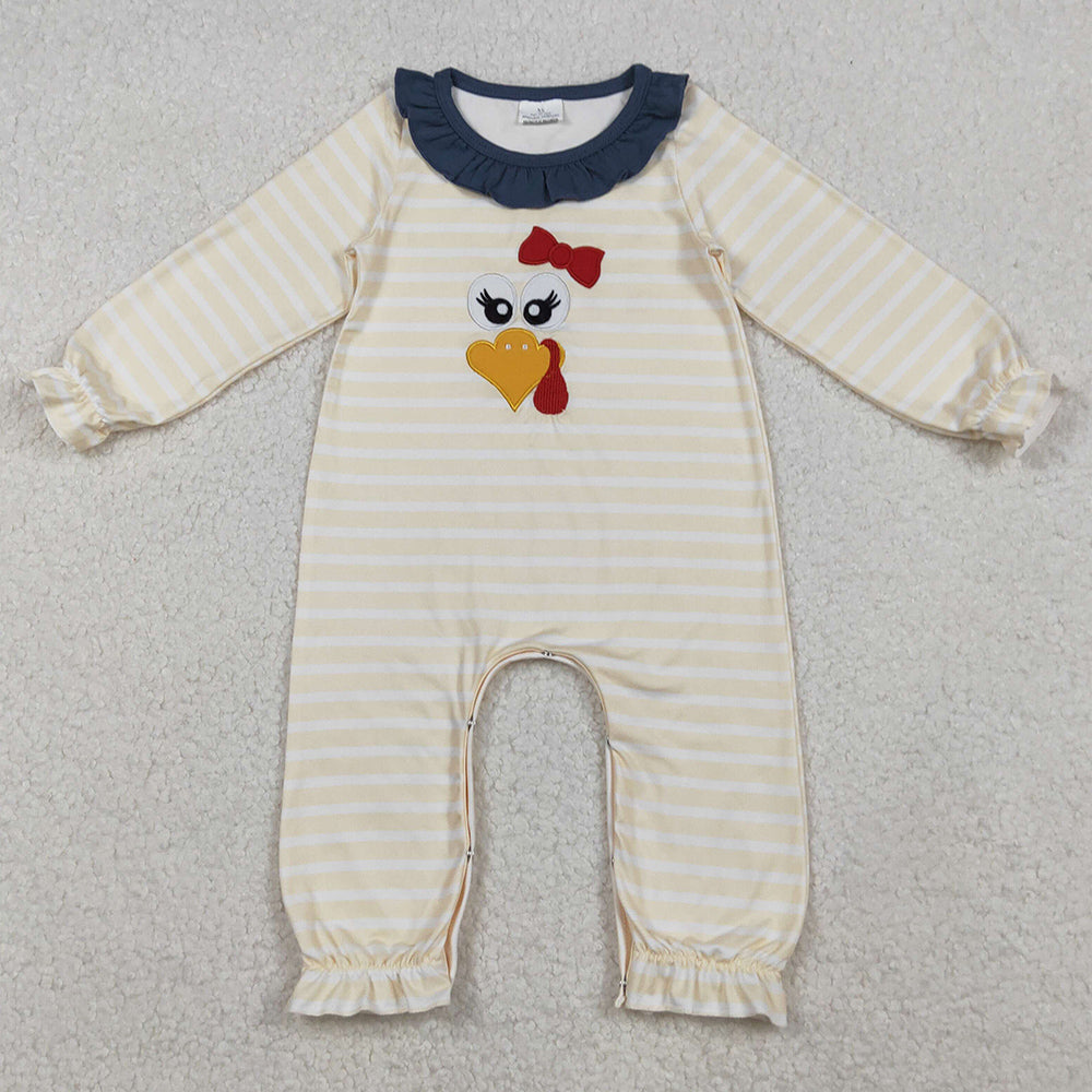 Baby Girls Rompers Embroidery Turkey Stripe Thanksgiving Ruffle Footie Rompers LR2424 10.3