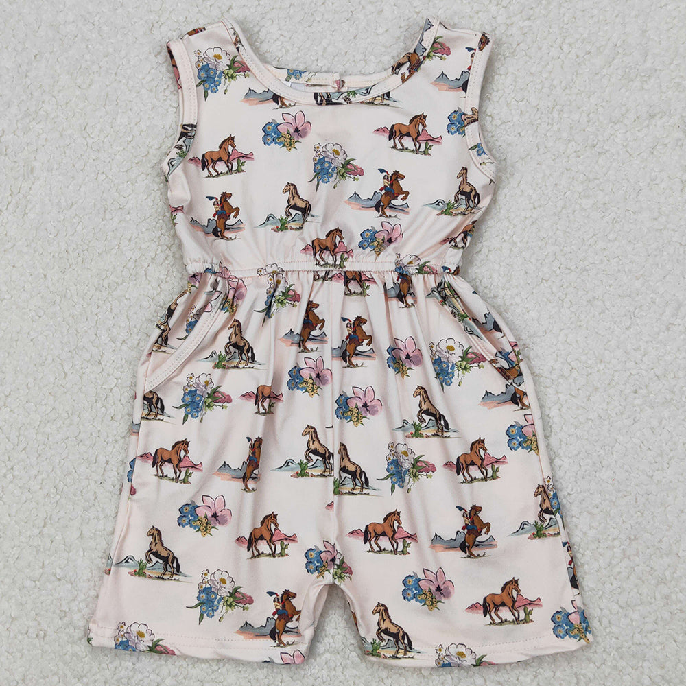 Baby Girls Jumpsuits Western Rodeo Horse Flowers Pockets Jumpsuits SR2695