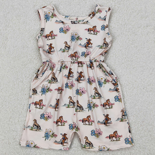 Baby Girls Jumpsuits Western Rodeo Horse Flowers Pockets Jumpsuits SR2695