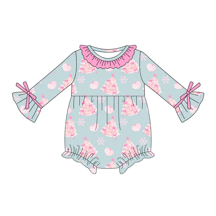 Preorder (moq 5)Baby Girls Blue Long Sleeves Snowflake Trees Ruffle Rompers 5.16