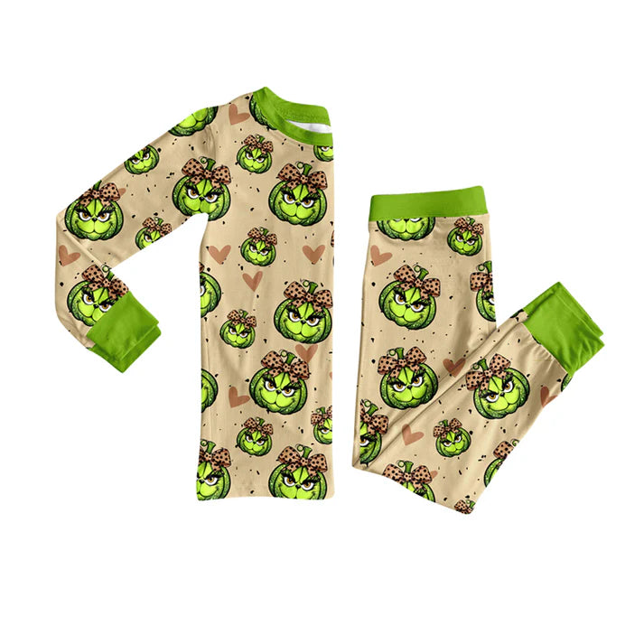 Preorder(moq 5) Baby Girls Long Sleeves Green Face Pumpkins Plaid Top Pants Pajamas Set 7.22
