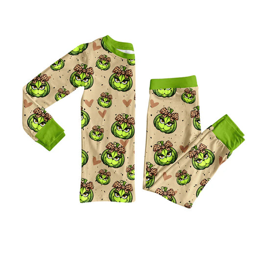 Preorder(moq 5) Baby Girls Long Sleeves Green Face Pumpkins Plaid Top Pants Pajamas Set 7.22