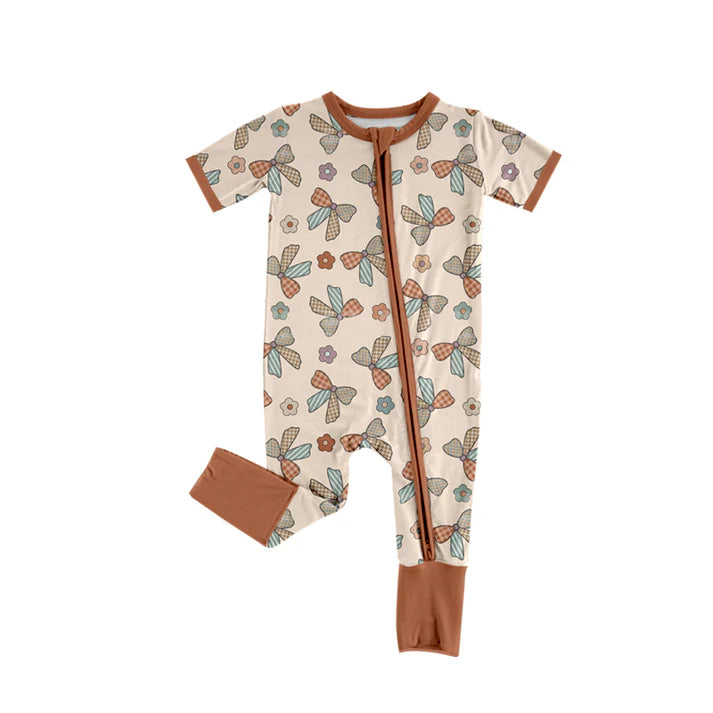 Preorder (moq 5)Baby Boys Short Sleeves Colorful Bows Flowers Zipper Pant Rompers 6.13