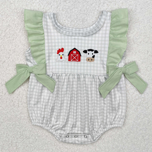 Baby Infant Girls Rompers Green Checkered Farm Chicken Cow Bows Rompers SR2184