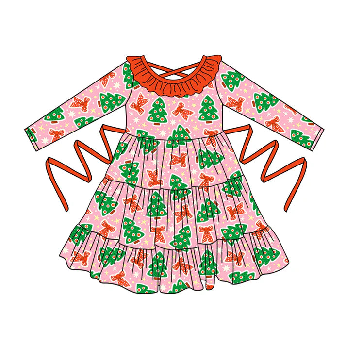 Preorder moq 5 Baby Girls Pink Long Sleeves Bows Trees With Belt Ruffle Knee Length Dresses 5.2
