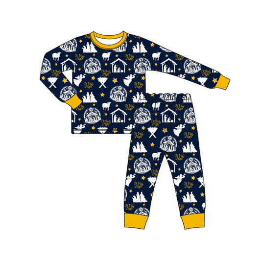 Preorder (moq 5)Baby Boys Black Long Sleeves Stars Nativity Top Pant Pajamas Set 6.23