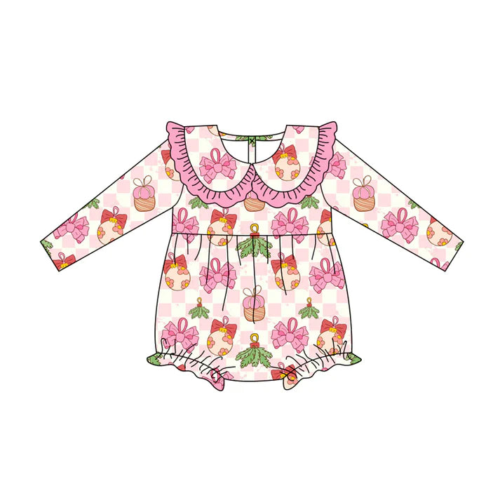Preorder (moq 5)Baby Girls Long Sleeves Pink Bows Lights Holly Plaid Ruffle Romper 7.2