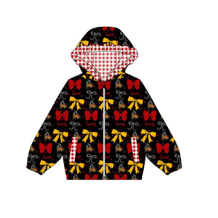 Preorder (moq 5)Baby Girls Black Vikings Bows Zip Ruffle Hooded Cardigan Jackets Tops 8.29