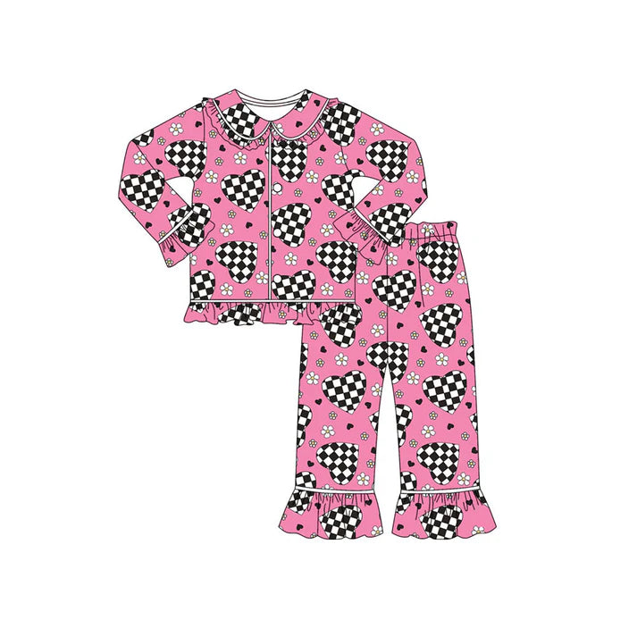 Preorder (moq 8)Baby Girls Black Checked Hearts Button Top Ruffle Pants Valentine Pajamas Sets 9.6