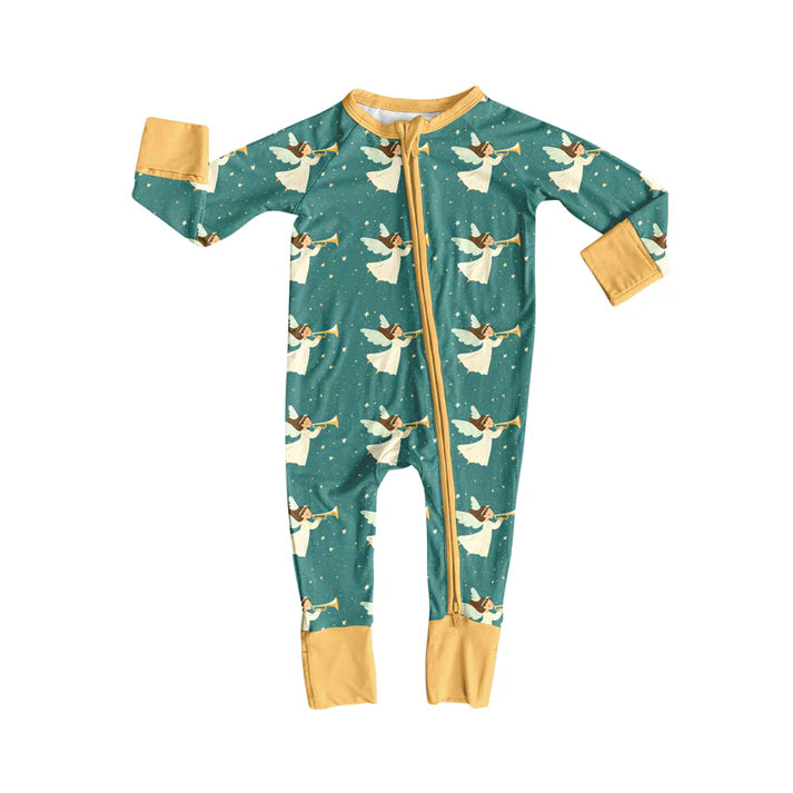 Preorder(moq 5)Baby Infant Boys Green Angles Plaid Christmas Zipper Rompers 8.4