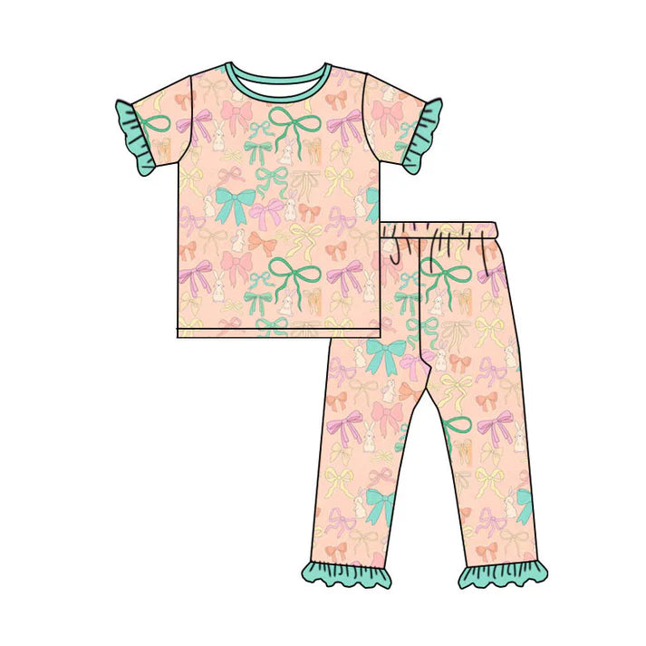 Preorder (moq 8)Baby Girls Colorful Bows Rabbits Top Ruffle Pants Easter Pajamas Sets 9.18