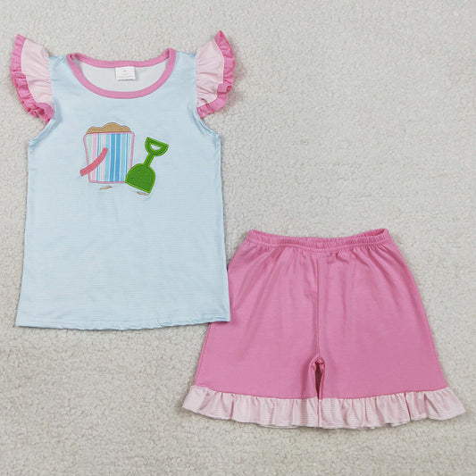 Baby Girls Clothes Embroidery Beach Flutter Sleeve Top Ruffle Shorts Clothes Sets GSSO2991