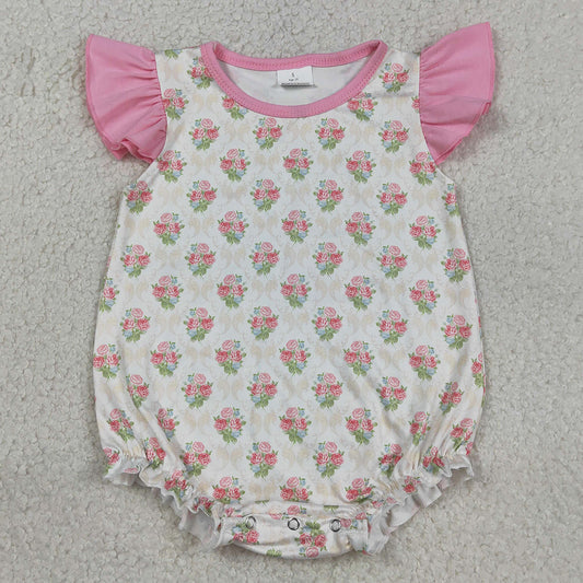 Baby Girls Rompers Pink Flutter Sleeve Flowers Checked Ruffle Rompers SR3677