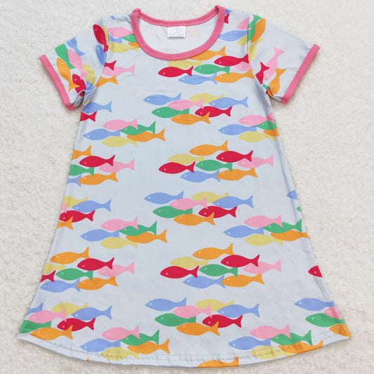 Baby Girls Dress Short Sleeve Colorful Fish Knee Length Dresses GSD0813