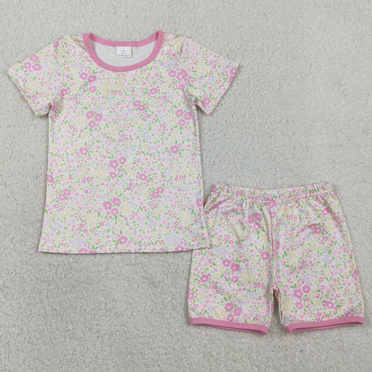 Baby Girls Clothes Short Sleeve Pink Flowers Top Shorts Pajamas Clothes Sets GSSO3129