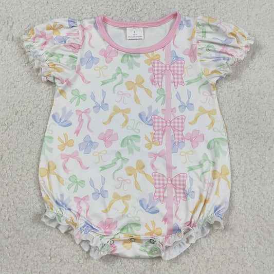Baby Girls Rompers Short Sleeve Colorful Bows Button Ruffle Rompers SR3672