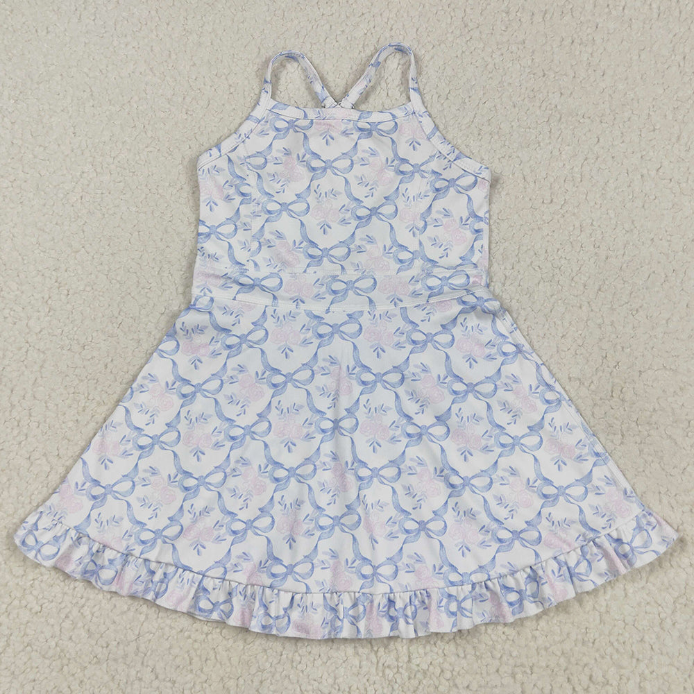 Baby Girls Dress Strap Blue Bows Floral Yoga Ruffle Athletic Dresses GSD2580 5.27