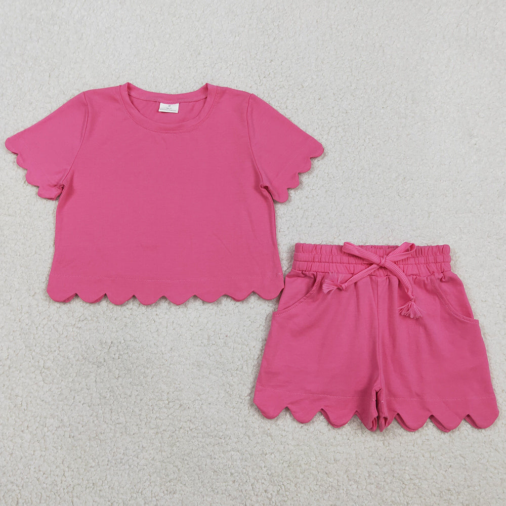 Baby Girls Clothes Short Sleeve Hot Pink Shirts Top Scallop Shorts Clothes Sets GSSO3176