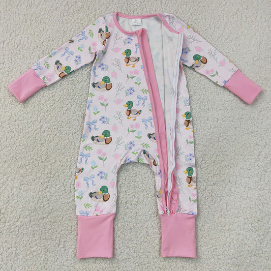 Baby Girls Rompers Flowers Ducks Hunting Two Way Ruffle Zip Convertible Rompers LR3071