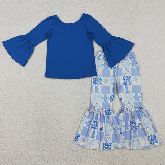 Baby Girls Clothes Blue Top Santa Gingerbread Bell Bottom Pant Christmas Clothes Set GLP3037 11.7