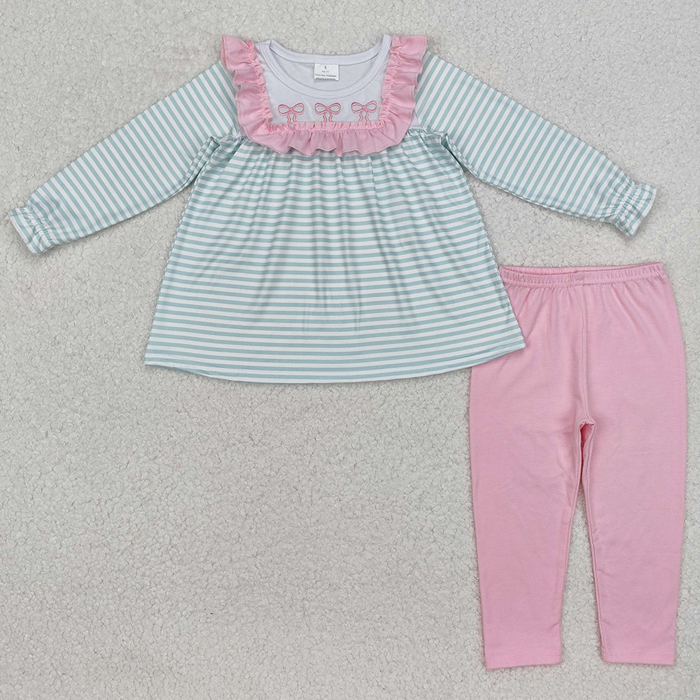 Baby Girls Clothes Blue Stripes Bows Tunic Tops Legging Clothes Sets GLP2135