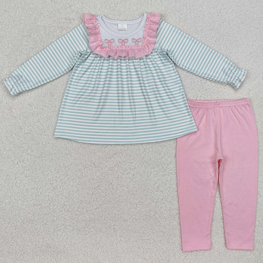Baby Girls Clothes Blue Stripes Bows Tunic Tops Legging Clothes Sets GLP2135