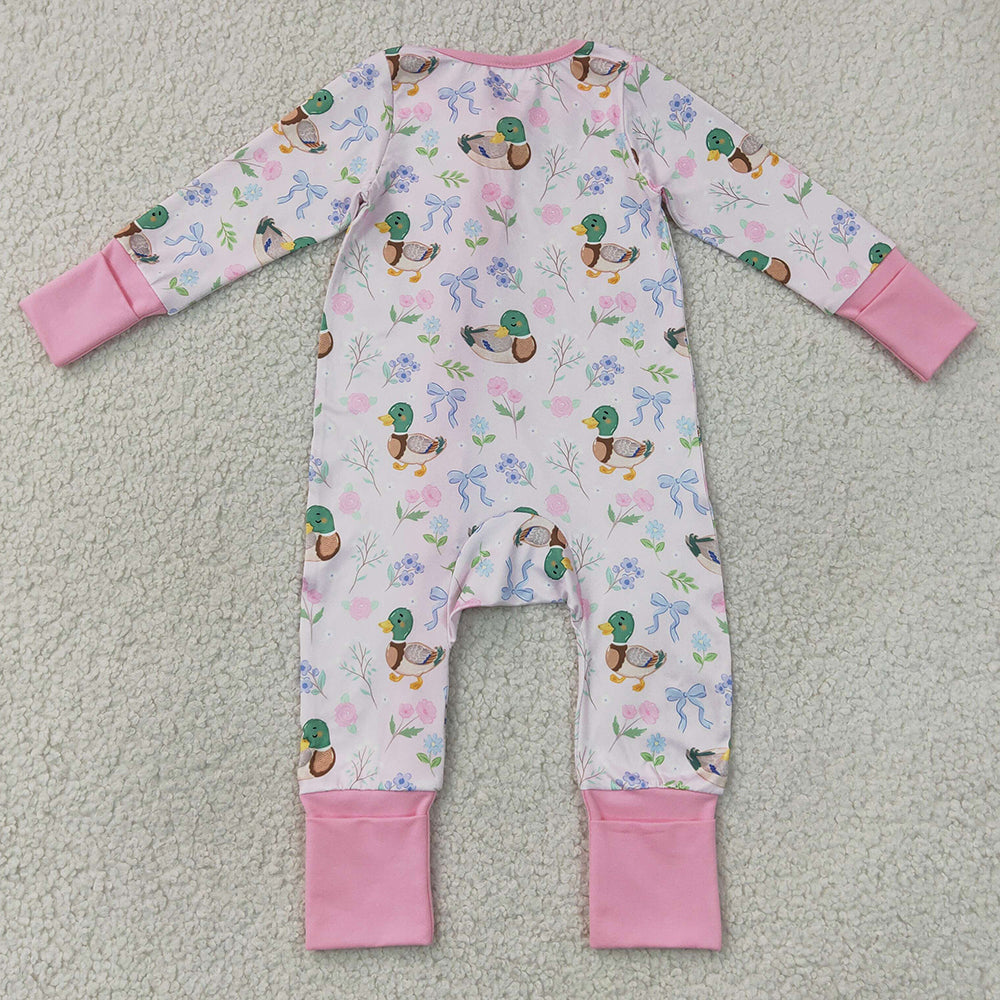 Baby Girls Rompers Flowers Ducks Hunting Two Way Ruffle Zip Convertible Rompers LR3071