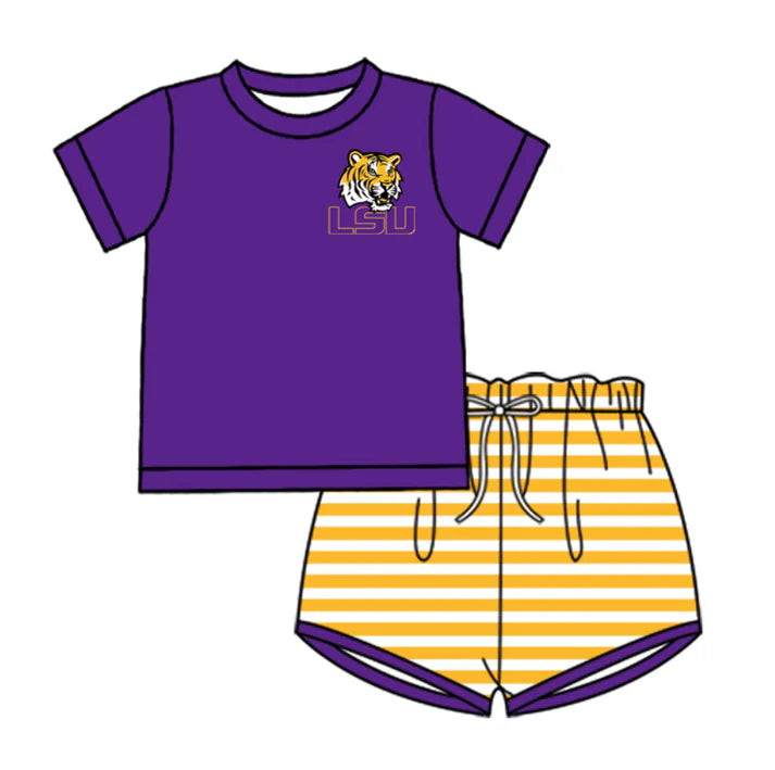 Preorder (moq 5)Baby Boys Purple LSU Tiger Top Stripe Shorts Team Clothes Sets 12.27
