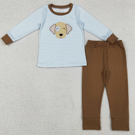 Baby Boys Clothes Embroidery Dogs Blue Stripe Top Legging Pants Clothes Sets BLP1283 12.25