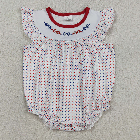 Baby Girls Rompers Embroidery Bows Blue Red Polka Dots 4th of July Ruffle Rompers SR3706