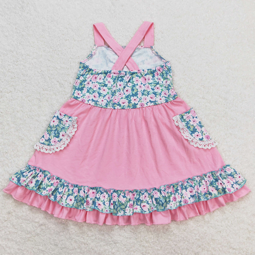 Baby Girls Dress Pink Floral Pockets Knee Length Dresses GSD0807