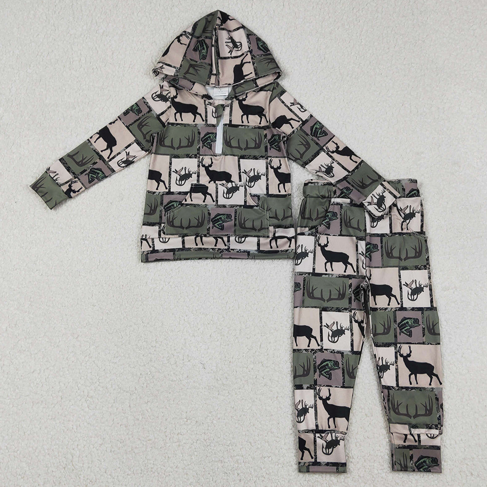Baby Boys Clothes Deer Fishes Checked Zip Pockets Hoodies Pants Hunting Clothes Sets BLP1368 12.25