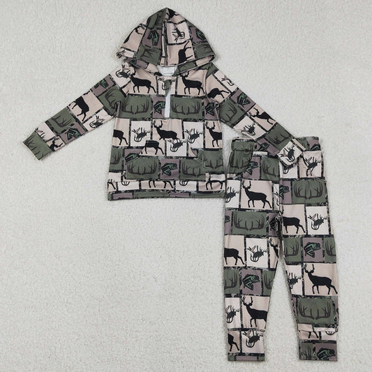 Baby Boys Clothes Deer Fishes Checked Zip Pockets Hoodies Pants Hunting Clothes Sets BLP1368 12.25