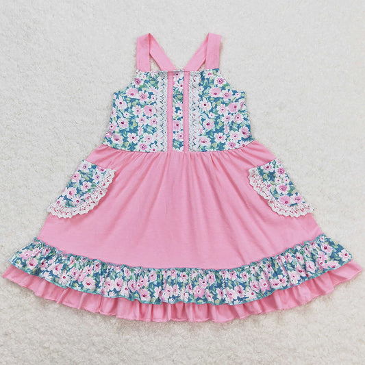Baby Girls Dress Pink Floral Pockets Knee Length Dresses GSD0807