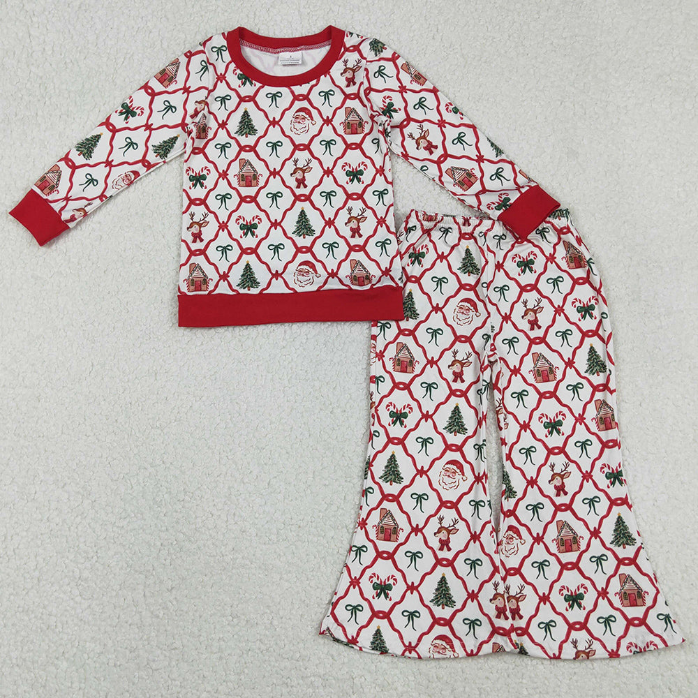 Baby Girls Clothes Red Bows Santa Checked Top Flare Pants Christmas Clothes Sets GLP2878 11.15