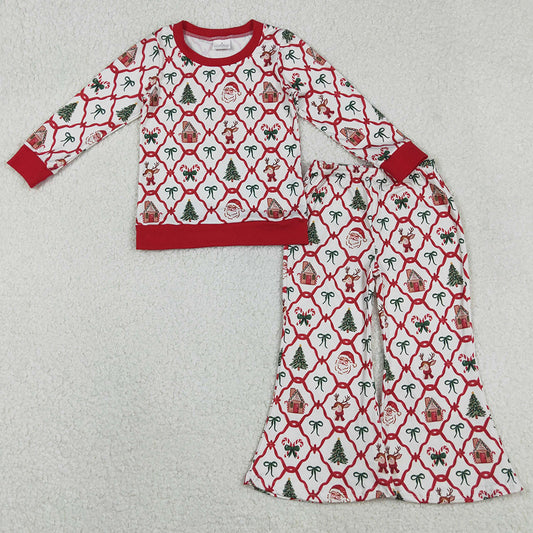 Baby Girls Clothes Red Bows Santa Checked Top Flare Pants Christmas Clothes Sets GLP2878 11.15